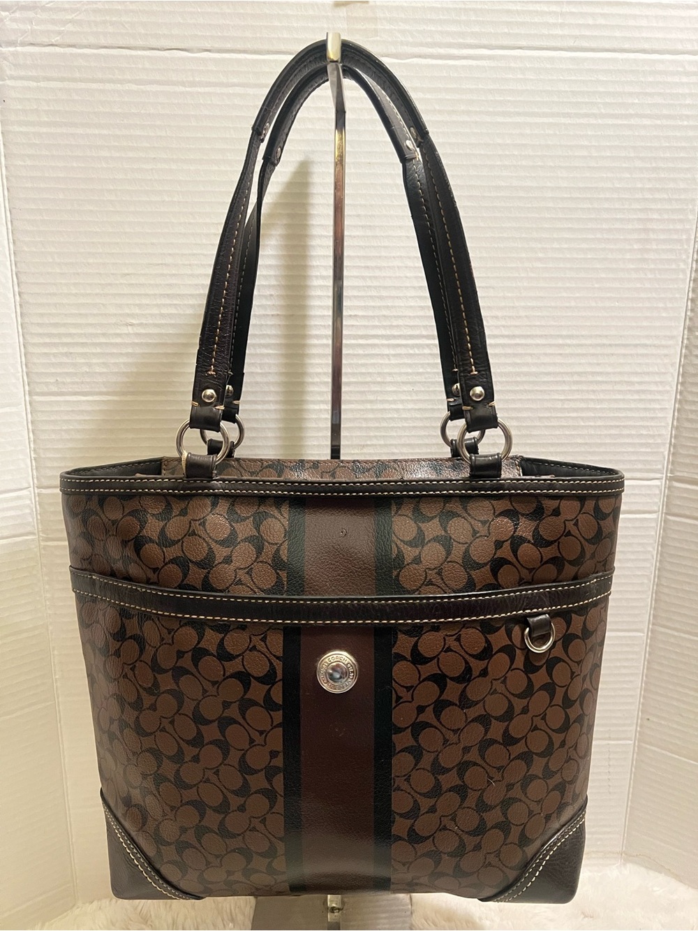 Vintage Coach Chelsea Heritage Brown Signature Stripe Tote - Picture 2 of 11
